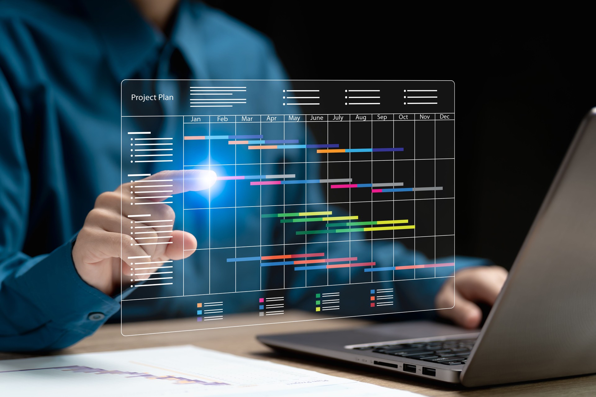 Business Planning schedule of work project concept, Businesswomen mark topic on digital project schedule, Updated process online manages time for work Calendar Follow the steps to work efficiently