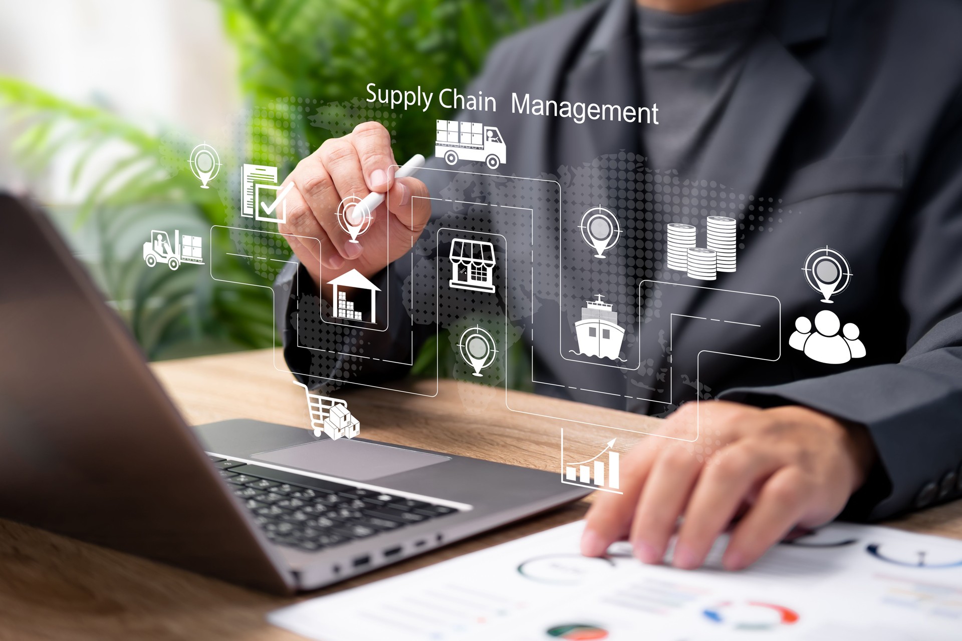 Supply Chain Management Concept, Businessman Demonstrating Efficient Supply Chain Operations, Logistics Planning, Inventory Control, Procurement Strategy, Transportation,Distribution, Corporate Growth